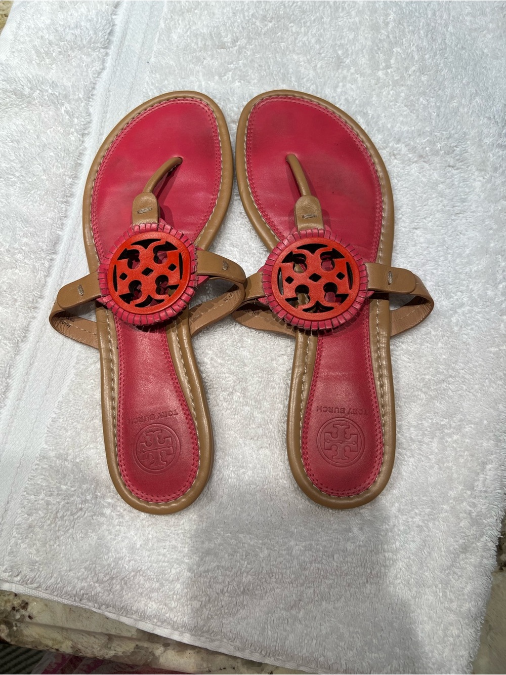 Tory Burch Red Footbed Tan Strap Logo Thong Sandals